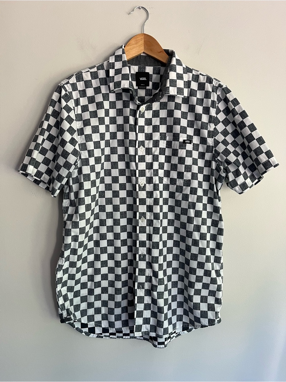 Vans Black and White Checkerboard Short Sleeve Button-Up Shirt Small